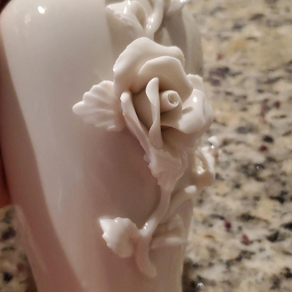 Vintage Tasia China Porcelain Vase White 3D Sculpted Rose Floral Applied Ceramic - Picture 3 of 10